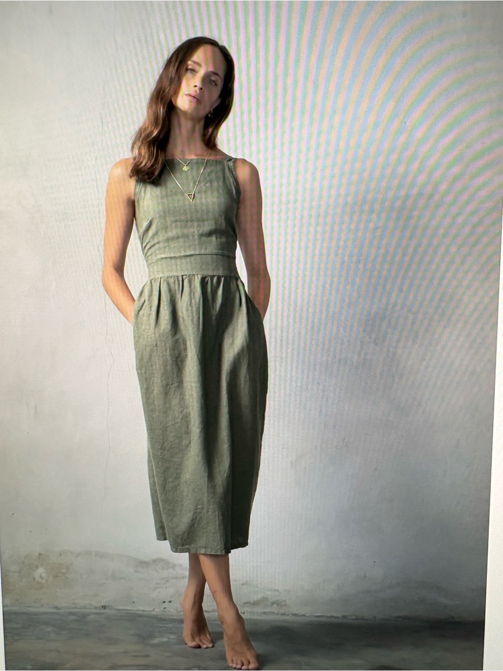 Olive Green Sleeveless Midi Dress - Timeless Linen Blend
